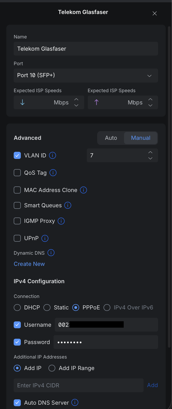 VLAN Konfiguration Dream Machine Zyxel Telekom Glasfaser